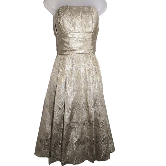 Priscilla Of Boston Dress Women Sz 12 Gold On Gold Semi-Formal Jacquard Pleated - Picture 2 of 15